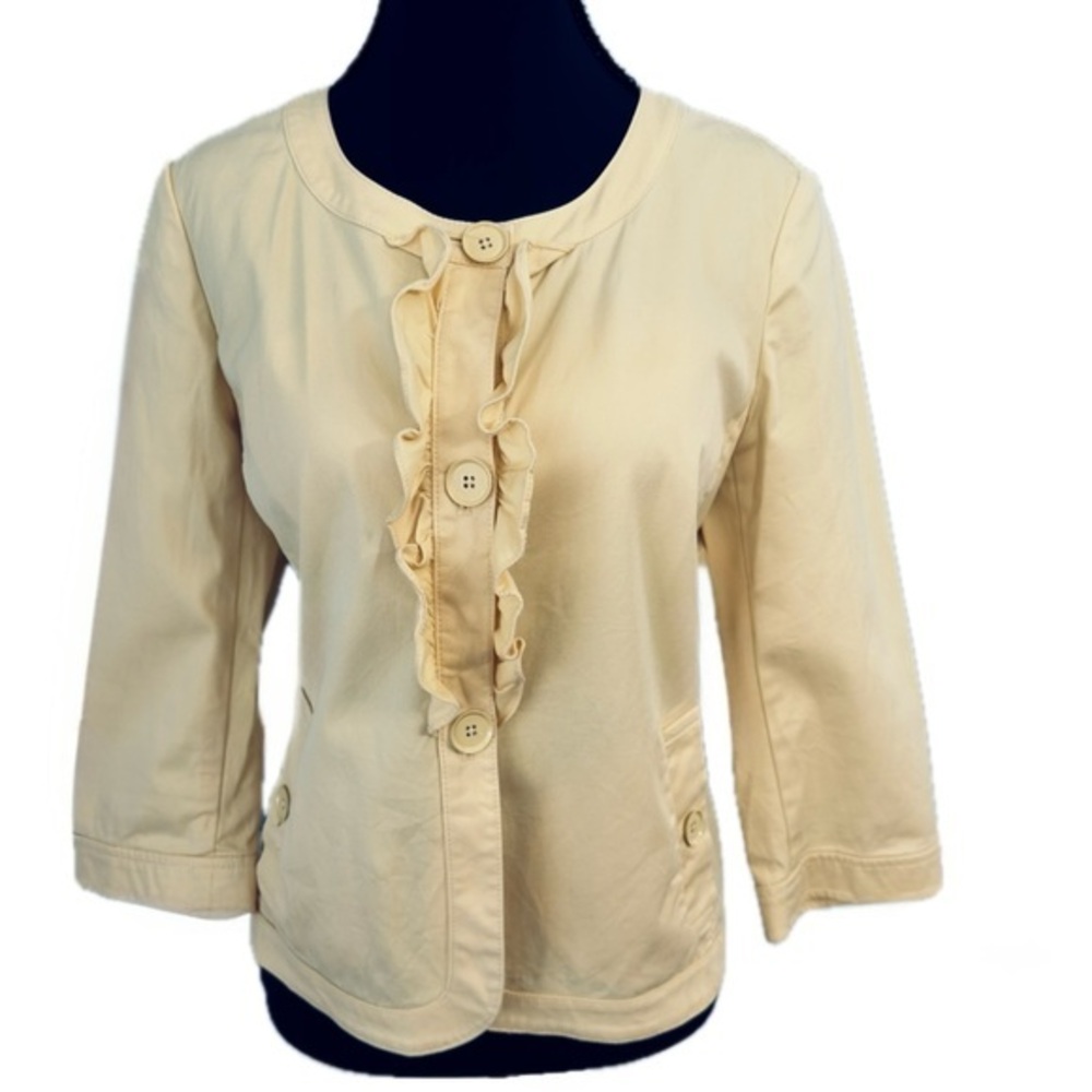 Talbots Ruffle Jacket Blazer Button Blouse Top 10 Petite 36.25” Bust 22” Length